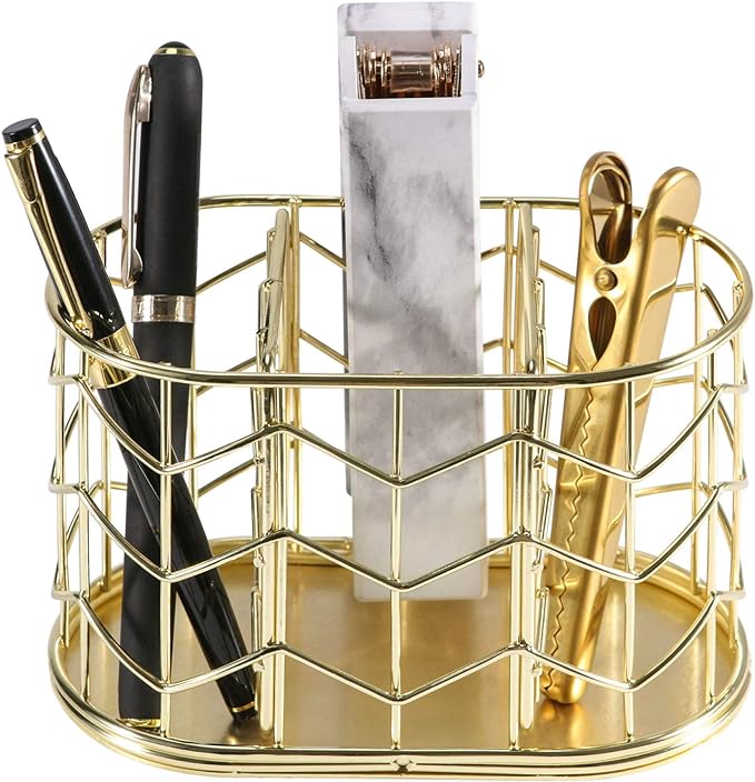Nugorise Pen Holder, 3 Compartment Metal Pencil Holder, Decorative Desk Storage Organizer Container for Stationery and Desk Accessories, Gold