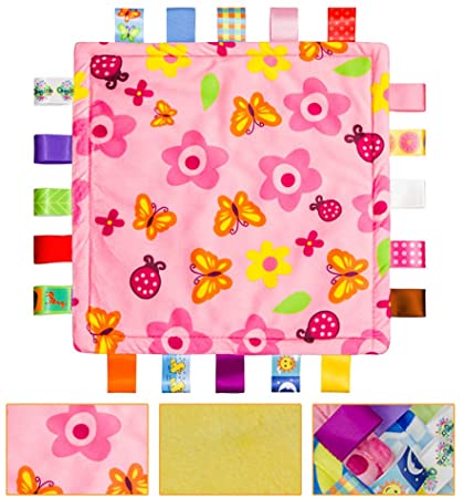 Infant Tag Comfort Blanket Baby Security Blankets Taggies Blanket Baby Teething Cloth for Baby Girl,A Great Baby Shower Gift(Flowers&Butterfly)