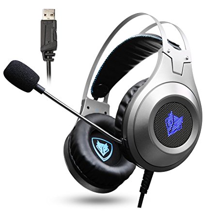 Jeecoo Gaming Headset USB Stereo Bass Gaming Headphones Over-ear PC Headset with Microphone for PC Computer Laptop Smart Phone - Silver