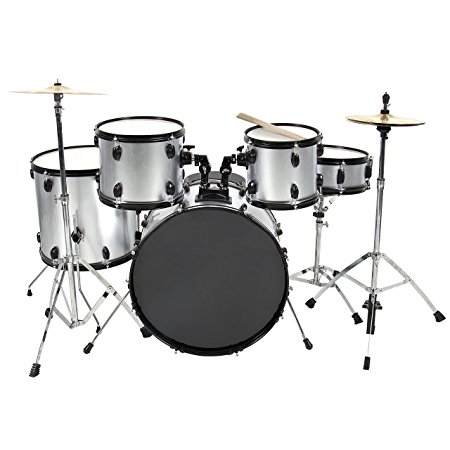 Drum Set 5 Pc Complete Adult Set Cymbals Full Size Silver New Drum Set