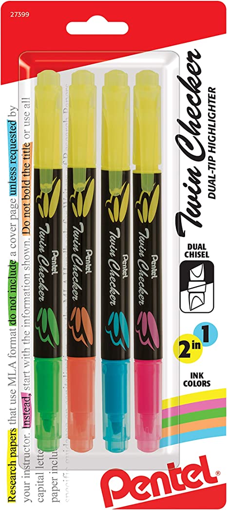 Pentel Twin checker Dual-Tip Highlighter, Chisel Tip, Assorted Colors (GF/Gk/GP/GS), 4-PK (SLW8BP4M)