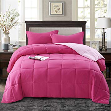 HIG 3pc Down Alternative Comforter Set - All Season Reversible Comforter with Two Shams - Quilted Duvet Insert with Corner Tabs -Box Stitched –Hypoallergenic, Soft, Fluffy (Full/Queen, Pink)