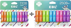 EBL AA AAA Batteries Combo, 10 Counts Rechargeable AA Batteries 2500mAh with 10 Counts AAA Batteries Long Lasting NiMH Rechargeable Battery