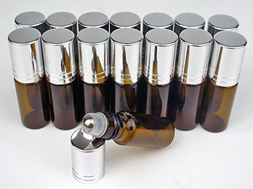 SYY™ 5ml Amber Glass Roller Bottles - Set of 15 with Metal Chrome Roller Ball Refillable Amber Roll-on for Aromatherapy,fragrance Essential Oil,perfumes and Lip Balms