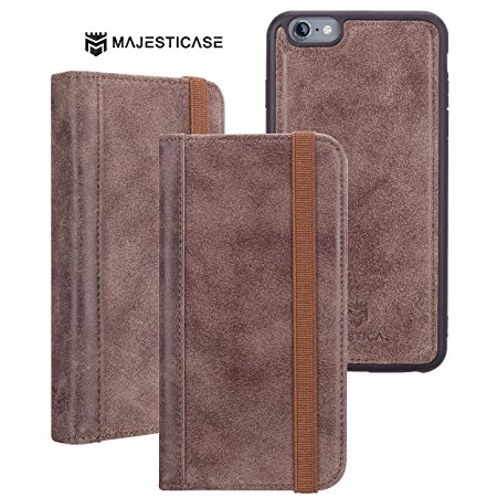 Majesticase® iPhone 6 Plus, iPhone 6s Plus Premium PU Leather Wallet Case   Detachable Removable Magnetic TPU Shell Cover & Elastic Band [Book Style] Protective Card Holder [v2] - Vintage Brown