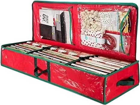Christmas Ornament Storage Box, Christmas Wrapping Paper Storage Bag, Useful Pockets for Xmas Accessories, Perfect For Gift Wrapping Ribbons Bows Underbed Storage for Holiday, Large (Red)