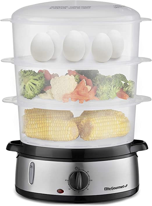 Elite Gourmet Maxi-Matic Electric Food Vegetable Steamer with BPA-Free 3 Tier Stackable, Nested Basket Trays, Auto Shut-off 60-min Timer, 800W, 9.5 Quart, Stainless Steel