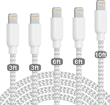 PLmuzsz iPhone Charger, MFi Certified Lightning Cable 5 Pack (3/3/6/6/10FT) Durable High-Speed Charging & Data Syncing Cord Compatible iPhone 11/Pro/Xs Max/X/8/7/Plus/6S/6/SE/5S iPad - Silver&White