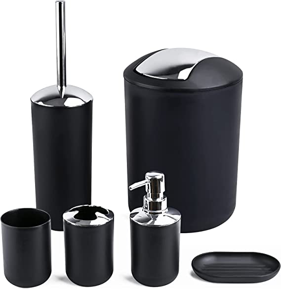 Papillon Bathroom Accessories Set-6 Piece Plastic Gift Set Toothbrush Holder,Toothbrush Cup,Soap Dispenser,Soap Dish,Toilet Brush Holder,Trash Can,Tumbler Straw Set Bathroom (Black)