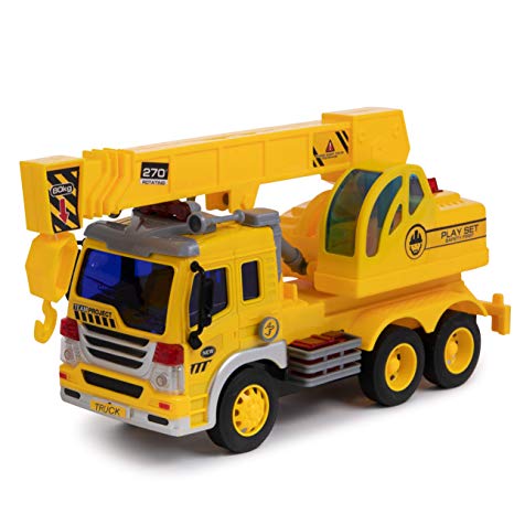 Toy To Enjoy Crane Truck Toy with Light & Sound Effects - Friction Powered Wheels, Extendable Hook & 270 Degrees Rotating Crane - Heavy Duty Plastic Construction Vehicle Toy for Kids & Children