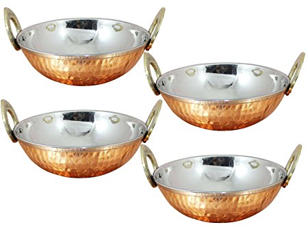 Avs Stores Set of 4, Indian Copper Serveware Karahi Vegetable Dinner Bowl with Solid Brass Handle for Indian Food, Diameter- 13 Cm (5.2 Inches)