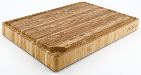 Large End Grain Cutting Board - Professional Butcher Block with Juice Groove and Tank - Kitchen Prep Station with Non-slip rubber feet - Made of Durable Antibacterial Moso Bamboo