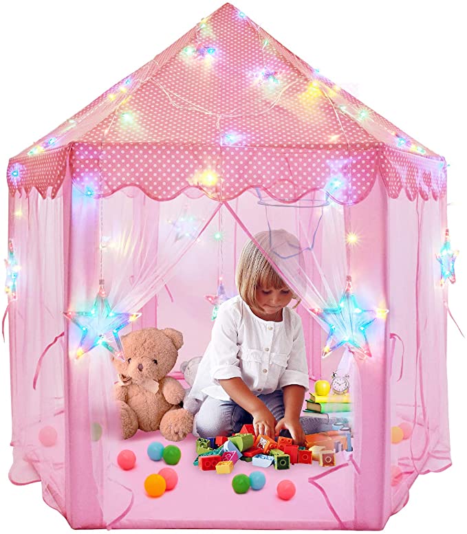 55" x 53" Princess Castle Tent for Girls Princess Tents for Kids Hexagon Playhouse with Star Lights Toys for Children Indoor or Outdoor Games (Pink)