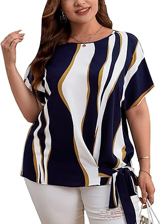 Milumia Plus Size Blouses for Women Crew Neck Short Sleeve Tops Dressy Casual Blouse