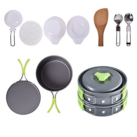 FAMELEY Camping Cookware Mess Kit - Lightweight Durable Compact Cook Set Includes Pots, Bowls, Pans, Folding Sporks(11 Pieces utensils) for Hiking Backpacking Picnic Outdoor Use