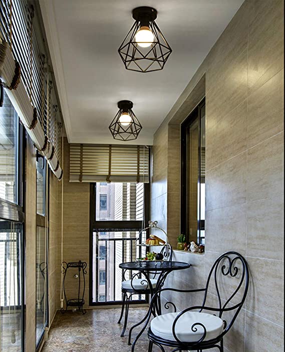 2X Black Industrial Metal Diamond Cage Semi Flush Mount Ceiling Light for Foyer Hallway Stairway Porch Bedroom (Diamond Style)
