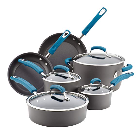 Rachael Ray Hard-Anodized Aluminum Nonstick Cookware Set, 10-Piece, Gray with Marine Blue Handles