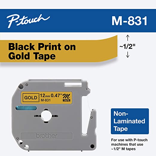 Brother Tape Cartridge 0.5IN Wide, Non-laminated Black on Gold (M831)