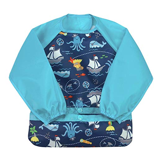 green sprouts Easy-wear Long Sleeve Bib | Waterproof protection from mealtime to playtime | Flipped pocket, soft material, elasticized sleeves, easy clean