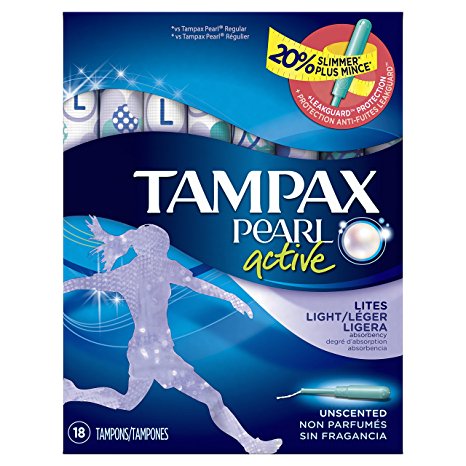 Tampax Pearl Active Plastic Tampons, Lites/Light Absorbency, Unscented, 18 Count, Packaging May Vary