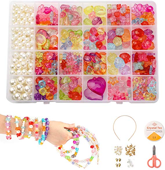 Phogary Children DIY Beads Set(500pcs), DIY Bracelets Necklaces Beads Crystal Beads in Shapes of Raindrop, Heart, Flowers for Jewellery Making Bead Necklace Bracelet Making Kit Gift Kit for Girls