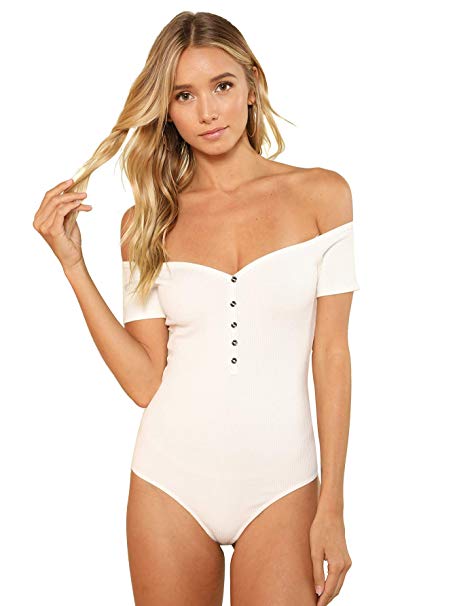 DIDK Women's Sexy Off Shoulder Button Up Short Sleeve Bodycon Bodysuit