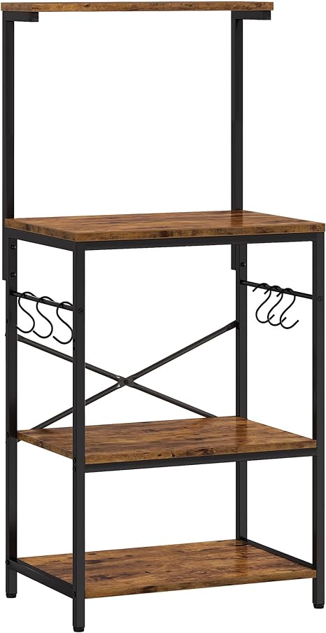 SUPERJARE Kitchen Bakers Rack, 4-Tier Coffee Bar Table, Kitchen Microwave Stand with 6 S-Shaped Hooks, Kitchen Storage Shelf Rack for Spices, Pots and Pans - Vintage Brown