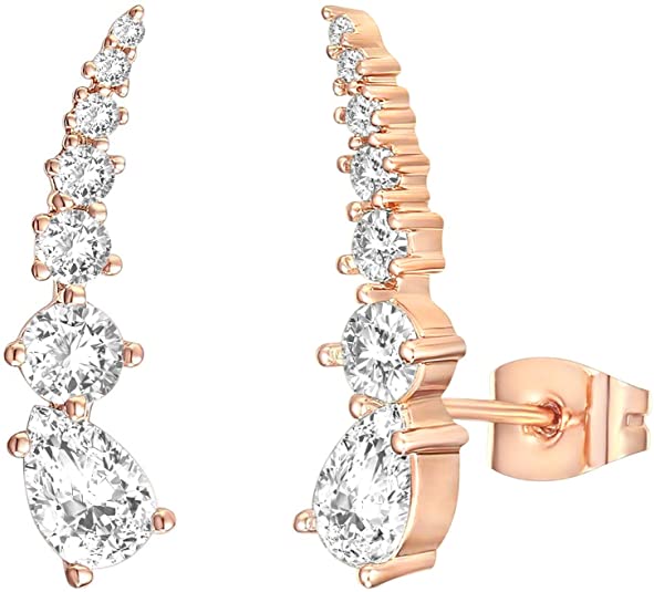 PAVOI 14K Gold Plated Sterling Silver Post Cubic Zirconia Ear Crawler Earrings - Faux Diamond Arrow Ear Climber Fashion Earrings in Rose Gold, White Gold and Yellow Gold