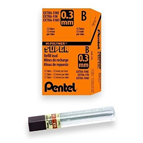 Pentel Super Hi-Polymer Lead, 0.3mm Extra Fine, B, 12 pcs/Tube, Box of 12 Tubes (300-B)