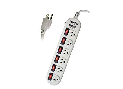 POWTECH 6 Outlet 270 Joules Surge Protector Heavy Duty Home/Office Power Strip,6 Individual Switched Outlets, 6-Ft Power Cord