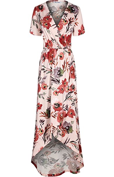 Bon Rosy Women's Short Sleeve V-Neck Floral Print Hi-Low Dress