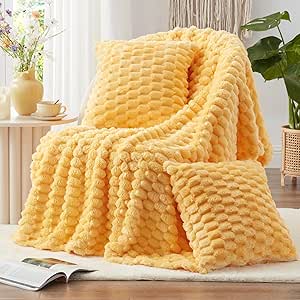 EXQ Home Fleece Throw Blanket and Pillow Set for Couch and Bed, 3D Imitation Large Turtle Shell Jacquard Decorative Blankets, Plush Lightweight Fuzzy Flannel Blanket for All Seasons (50"×60",Yellow)