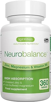 Neurobalance, Zinc Picolinate, Magnesium Citrate & Vitamin B6, Clean Label, 360 Small Tablets, Zinc and Magnesium Tablets, Brain Booster, Concentration, Kids & Adults, 90-360 Servings, by Igennus