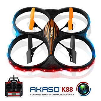 AKASO K88 2.4GHz 4 CH 6 Axis Gyro RC Quadcopter with HD Camera, Gyro Headless, 360-degree Rolling Mode 2 RTF LED RC Drone