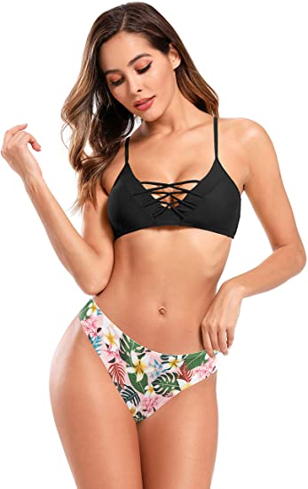 SHEKINI Women's Floral Print Swim Bottom Cutout Spaghetti Strap Top Two Piece Strappy Bikini Swimsuit