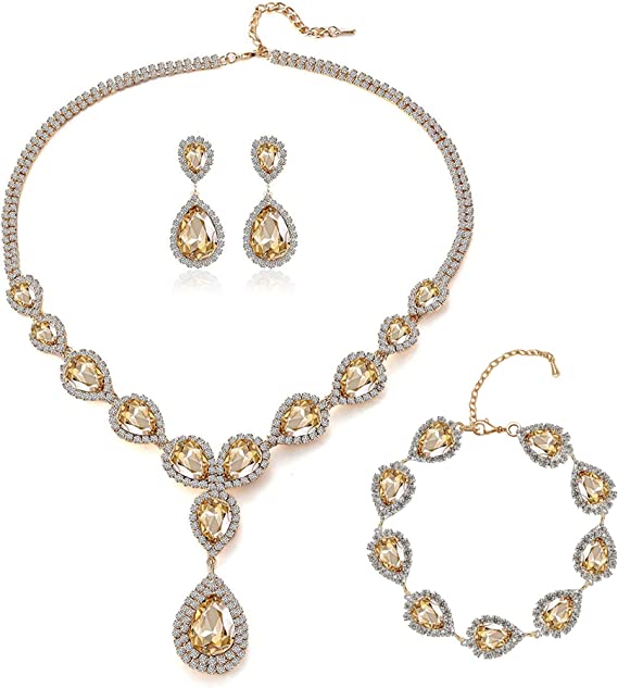 Paxuan Womens Silver / Gold Plated Teardrop Crystal Wedding Bridal Jewelry Set Pendant Necklace Drop Dangle Earrings Set