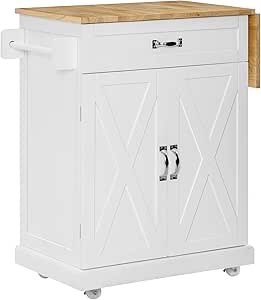 HOMCOM Foldable Kitchen Island with Storage Drawer, Farmhouse Style Rolling Utility Cart, Coffee Bar Cabinet on Wheels with Drop-Leaf Wood Top (White)