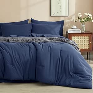 PHF 7 Pieces Queen Comforter Set, Bed in A Bag Comforter & 18" Sheet Set All Season, Ultra Soft Comfy Bedding Sets with Comforter, Sheets, Pillowcases & Shams, Navy Blue