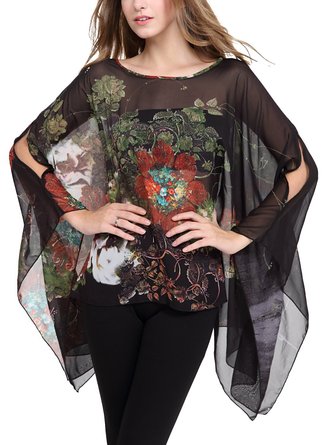 DJT Womens Floral Printed Chiffon Caftan Poncho Tunic Top