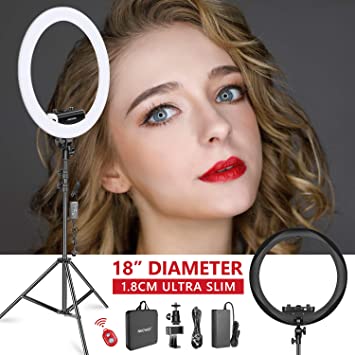 Neewer Ring Light Kit [Upgraded Version-1.8cm Ultra Slim]-18 inches,3200-5600K,Dimmable LED Ring Light with Light Stand, Phone Clip,Hot Shoe Adapter for Portrait Makeup Video Shooting (Black)