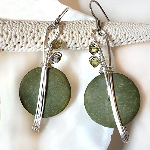Handmade Olive Dangle Earrings - Swarovski Crystals and Sage Green Coconut Shells