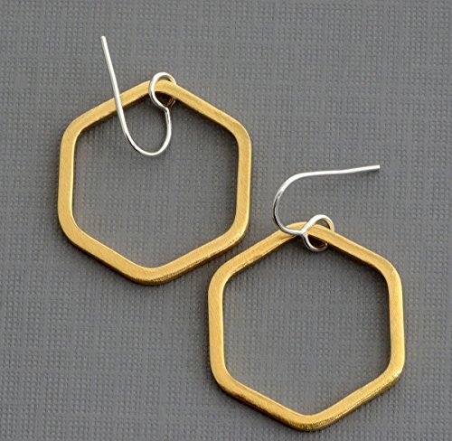 Sterling silver 1 inch gold brass dangle hexagon hoops earrings geometric jewelry hypoallergenic nickel free