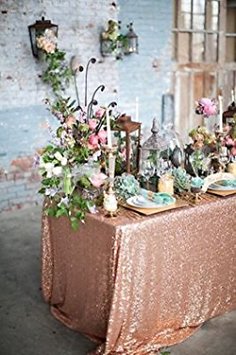 60"x120" Sparkly rose gold Square Sequins Wedding Tablecloth, Sparkly 6FT-8FT Overlays Table cloth for Wedding, Event