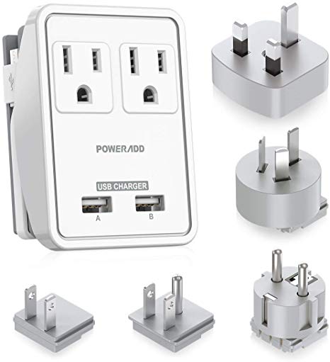POWERADD Travel Adapter Kit - Dual USB Ports   2 Outlets, Universal Adapters for UK, US,Japan,China, Europe, Asia, Cruise Ship Travel, Perfect for Cellphone Laptop Camera and more - UL Listed