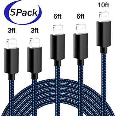 iPhone Charger, MFi Certified iPhone Cable 5 Pack [3/3/6/6/10FT] Extra Long Nylon Braided USB Charging&Syncing Cord Compatible with iPhone 7/7Plus/X/XS Max/XS/XR/8/8Plus/6S/6S Plus/SE [Black&Blue]