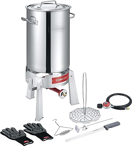 CONCORD Heavy Duty Stainless Steel Deluxe Turkey Fryer Kit with Titan Burner, Rack, Slicer, Hook, Thermometer, and heat proof gloves. Also great for Seafood Boil, Crawfish Boil, and more (Turkey Fryer Kit   Titan Burner)