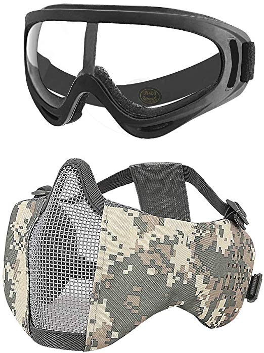 MGFLASHFORCE Airsoft Mask and Goggles Set, Steel Mesh Half Face Tactical Mask and UV400 Goggles for Halloween Cosplay Xmas Party