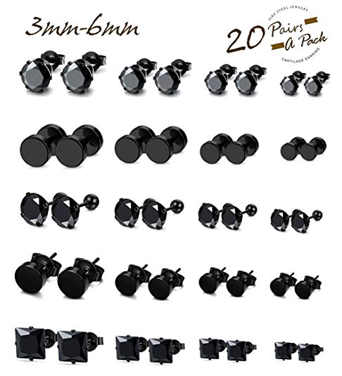 FIBO STEEL 20 Pairs Stainless Steel Black Stud Earrings for Men Women Earring Set CZ Inlaid