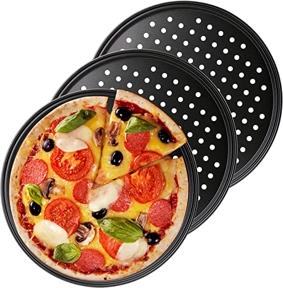 Bekith 3 Pack Pizza Crisper Trays with Holes, 13 inch Round Non-Stick Crisper Carbon Steel Perforated Tray for Home Kitchen, Black