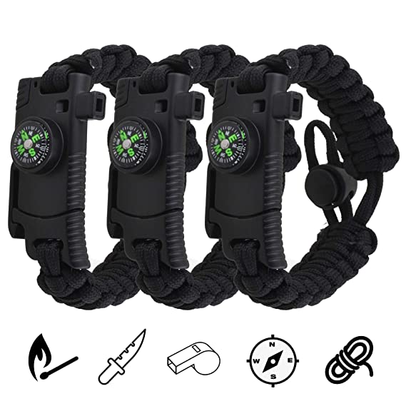 Adjustable Paracord Bracelets, 3-Pack Multifunctional Tactical Survival Bracelet with Embedded Compass/ Fire Starter/ Emergency Knife/ Rescue Whistle for Hiking Camping Fishing Hunting